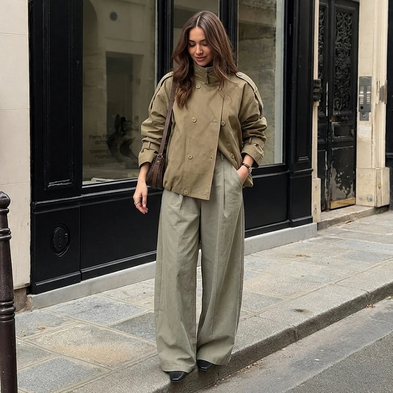 Women Relaxed Fit Short Utility Trench Jacket High Funnel Neck Epaulet Design Double Breasted Cropped Coat Commuter Outerwear