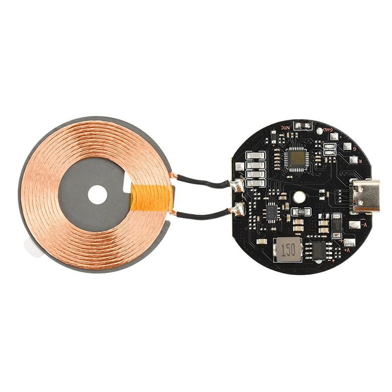 Wireless charger circuit board with diameter 43mm featuring a black circuit board, copper coil, and usb-c port for cell phone charging.