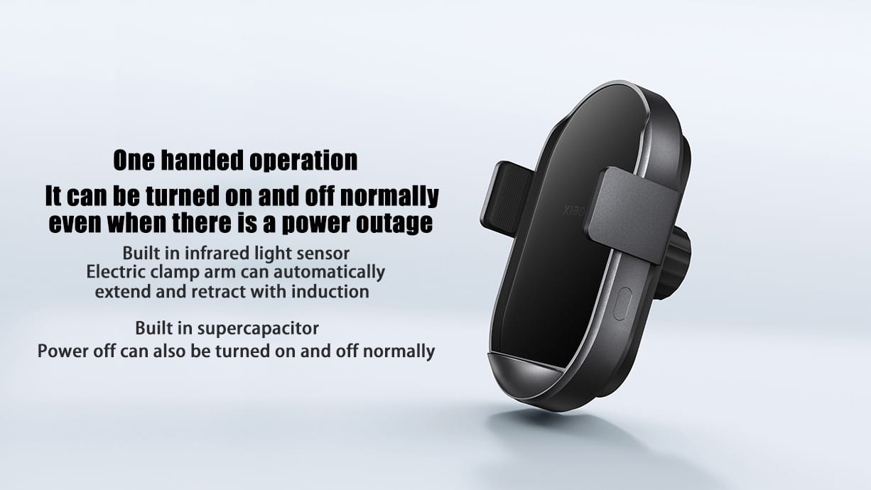 Cargador inalámbrico para automóvil Xiaomi de 50 W, de doble interfaz, en color negro, con un diseño curvo elegante y brazo de sujeción eléctrico, con disipación de calor para una carga manos libres.