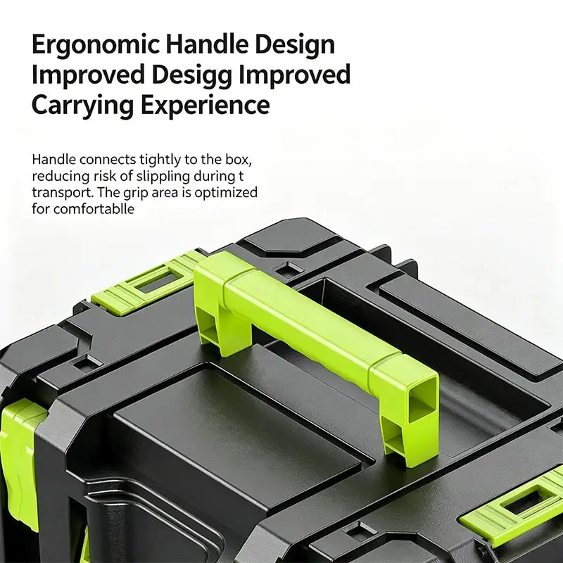 Modular stackable tool storage box in black and lime green plastic featuring an ergonomic handle design.