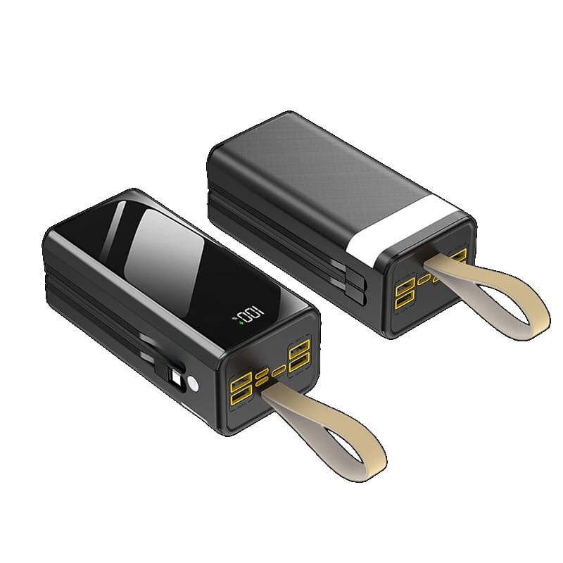 Black rectangular 60000mah power bank with a glossy finish, gold-colored usb ports, and a beige carrying strap, designed as a 120w portable charger.