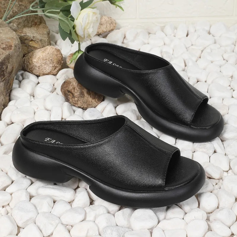 2025  Women's Sandals High Quality Leather Slides High Heels Sandals Sheepskin Platform Slippers Lady Fashion Shoes Summer