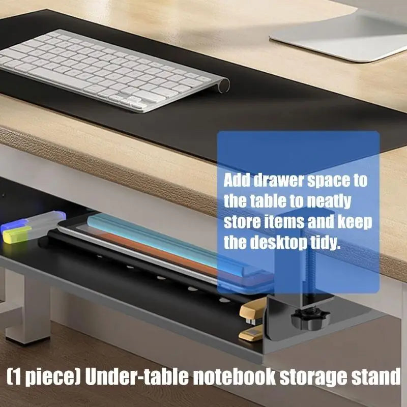 Under desk laptop tray and cable management organizer with a sleek black surface and metallic silver legs designed for under-table notebook storage.