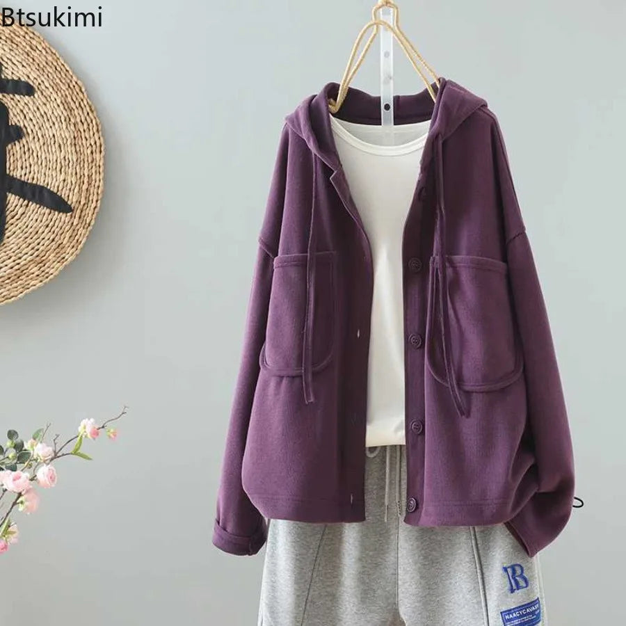 New Women's Casual Loose Hoodies Solid Color Cotton Simple Coats Spring Autumn Double Pockets Hooded Jackets Women Sweatshirts