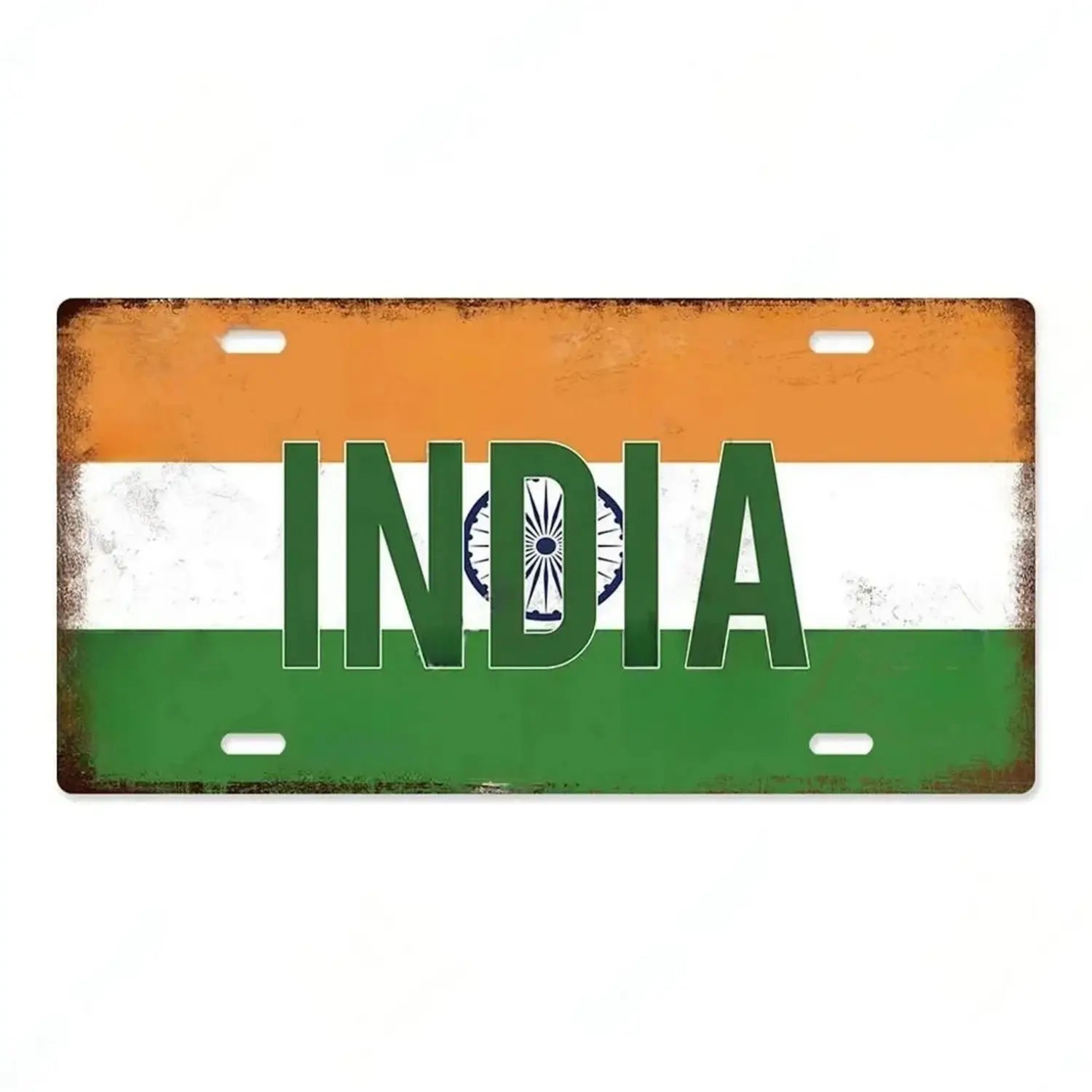 Rustic metal license plate featuring the Indian flag with India in bold green letters and a navy blue Ashoka Chakra centered within the white stripe, designed as vintage wall decor.
