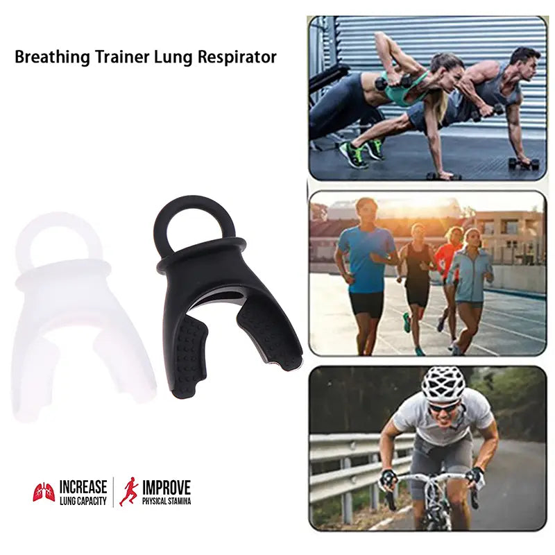 Black and translucent plastic lung capacity training device respiratory fitness tool with a looped handle for breathing exercises.