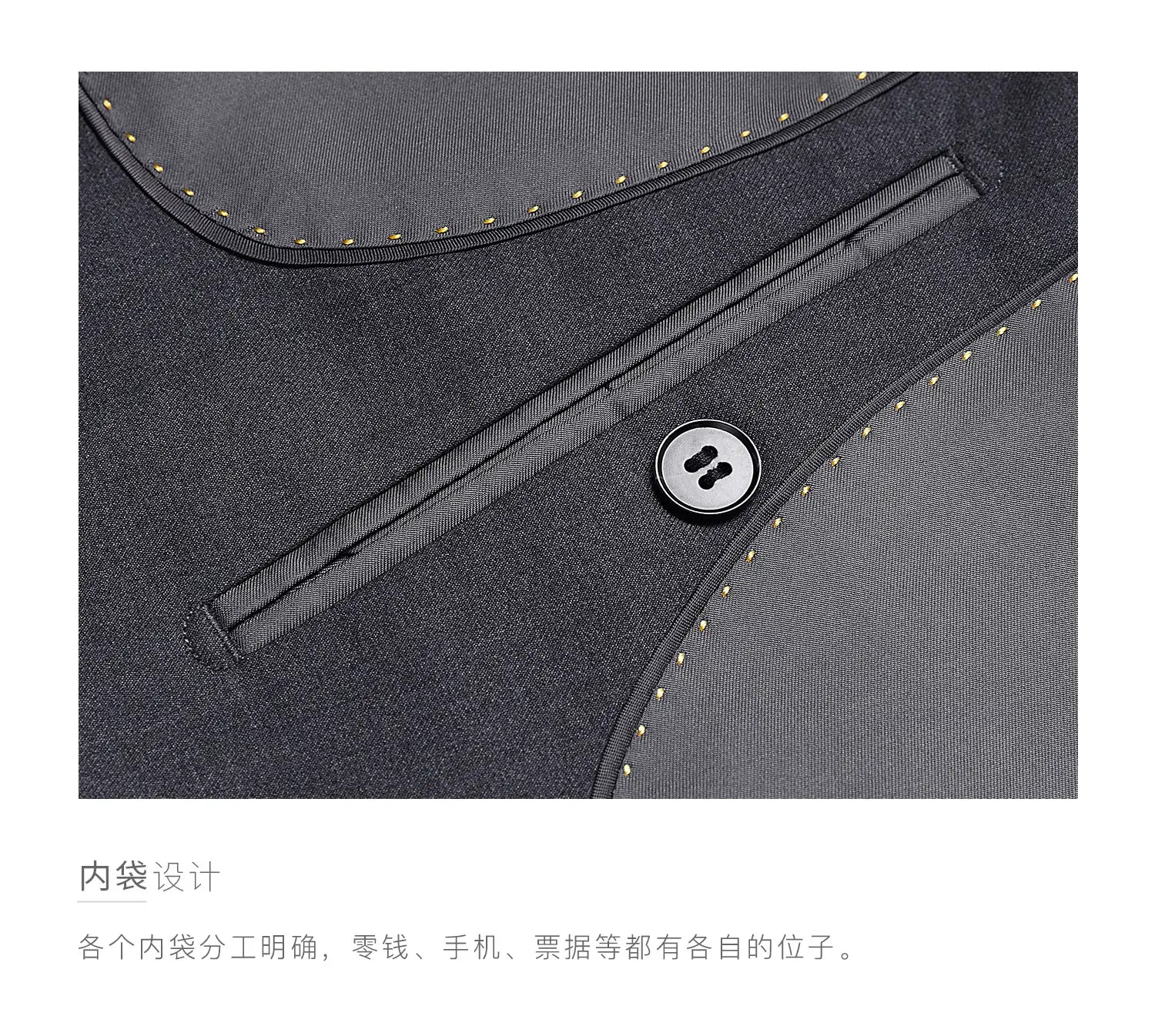 Veste en denim gris foncé pour homme en coupe slim, avec surpiqûres jaune clair contrastantes et type de fermeture par bouton noir, adaptée aux tenues formelles et professionnelles décontractées