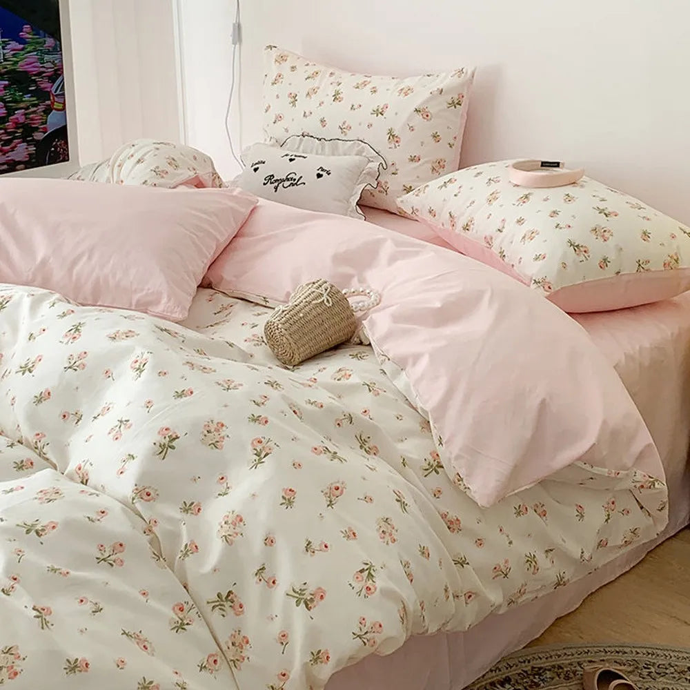 Ins Style Pink Flower Printed Bedding Set Soft Skin-friendly Duvet Cover Set Reactive Dyeing Bed Linens for Girls Bedroom