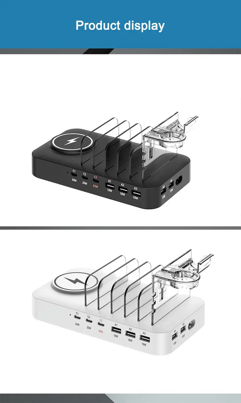 Estación de carga rápida para varios dispositivos en negro y blanco y cargador inalámbrico con varios puertos USB y un logotipo qi circular en la superficie superior para la carga con cables.