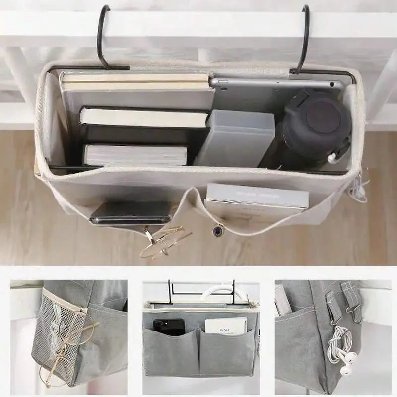 Grauer Leinen-Organizer für die Tür, über der Tür hängend, mit mehreren Fächern und Mesh-Taschen zur Aufbewahrung am Bett als hängender Organizer.