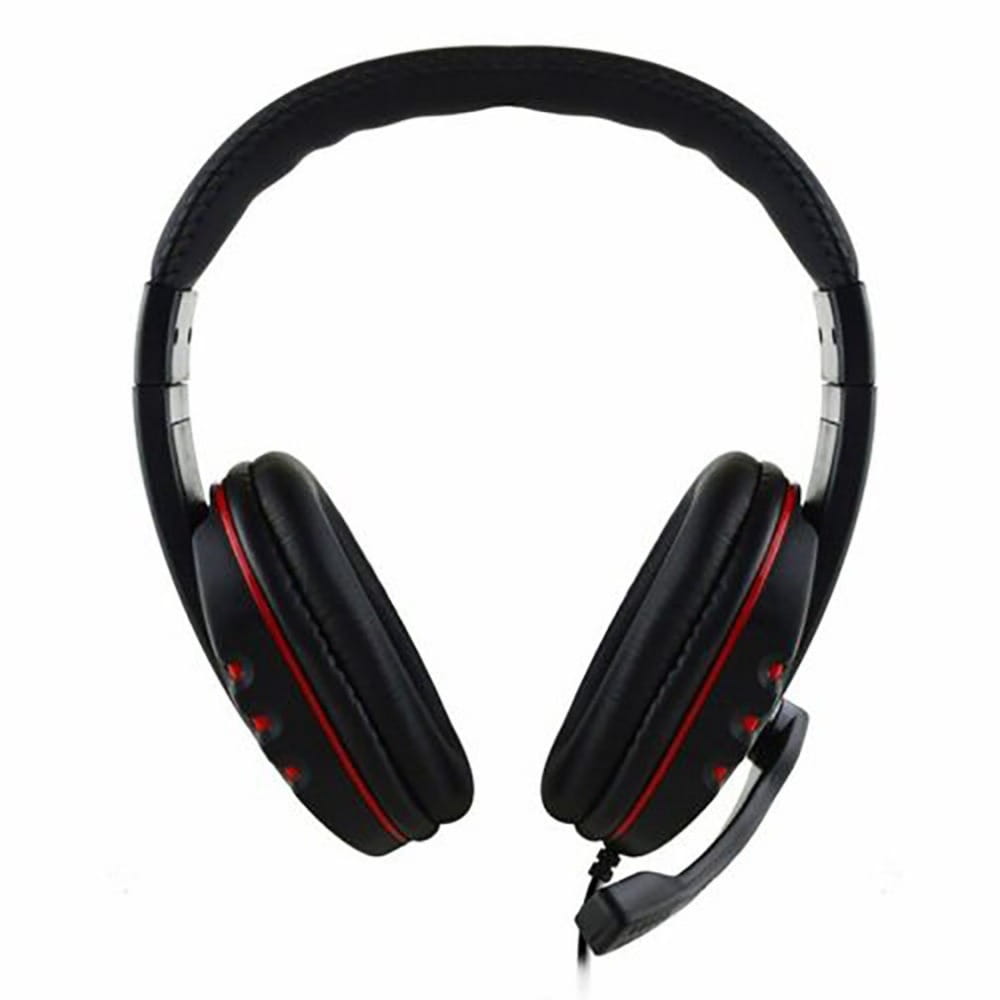 Auriculares para juegos con cable negros supraaurales, con costuras de acento rojas y micrófono desmontable para PC y PS4.