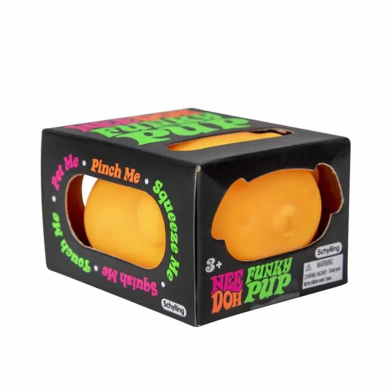 orange soft silicone funky doh pup stress ball displayed in a black box with colorful text and cutouts as a sensory fidget and needoh squishy cat and dog toy with quick rebound feature