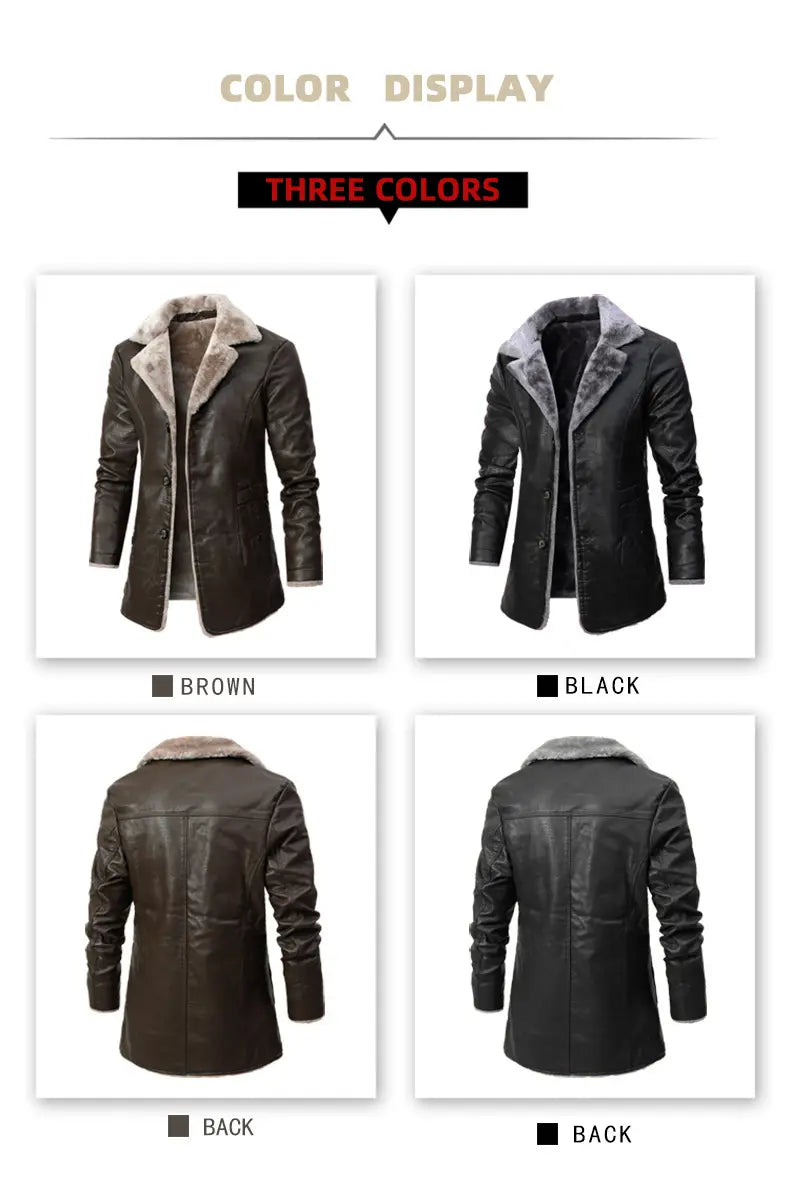 gabardina de cuero negra para hombre con forro de vellón, chaqueta de invierno, con cuello acolchado de piel esponjosa de color claro