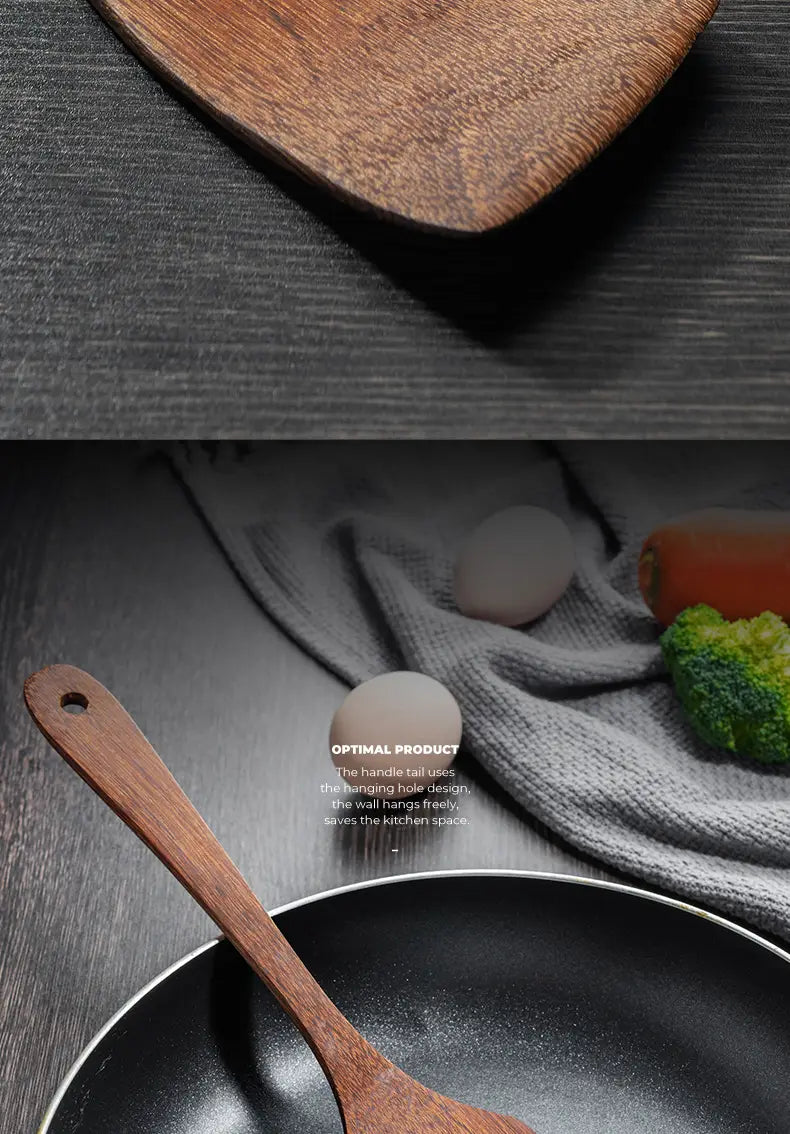 A sleek dark brown wooden spatula with a smooth finish and a hole for hanging from a wooden kitchen utensil set for non-stick cookware.
