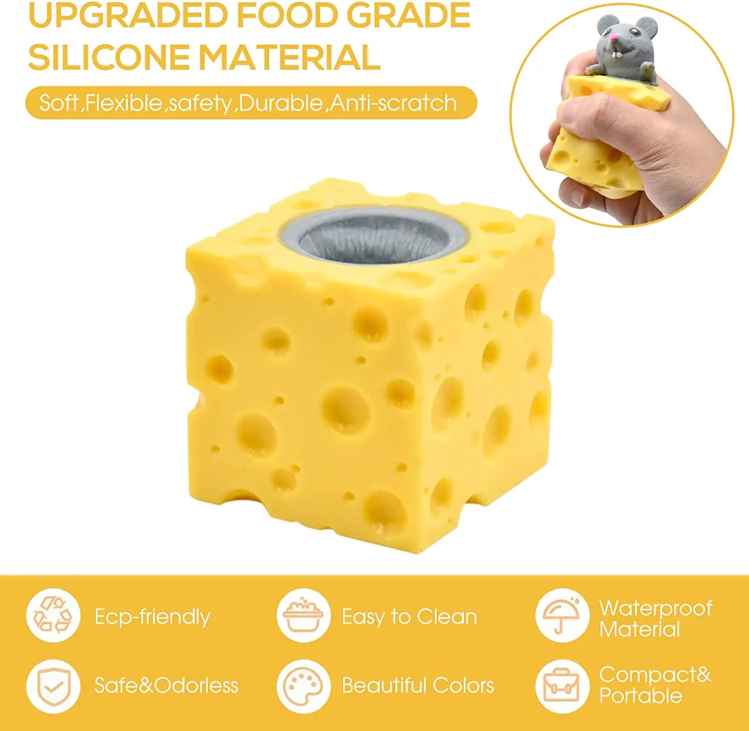 gelber käseförmiger Silikon-Stressabbau-Entlaster mit einer grauen Mausfigur, die von oben herausspäht, von vorne gezeigt, als Käse-Maus-Becher-Sinnes-Fidget-Spielzeug