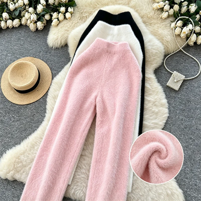 Women Faux Mink Cashmere Leggings High Waist Warm Knitted Thermal Pants Soft Elastic Slim Fit Winter Bottoms Female Casual Home