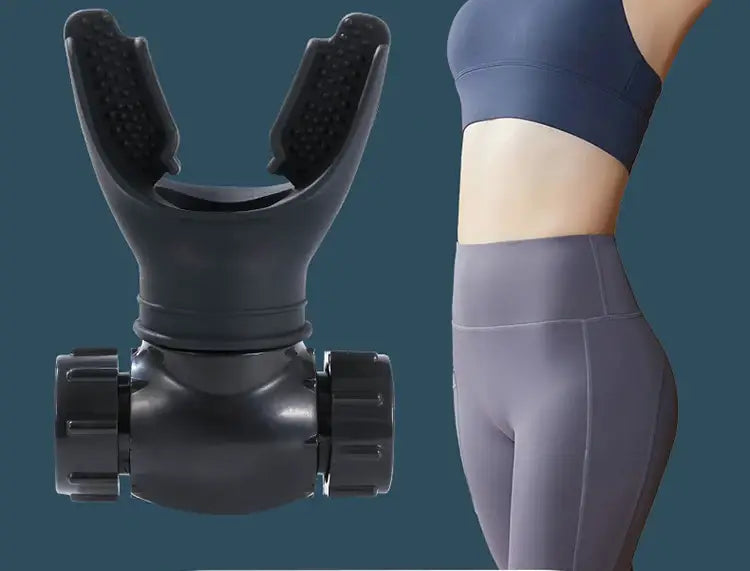 Black plastic scuba diving regulator mouthpiece with textured grip surfaces and adjustable side knobs for respiratory trainer lung fitness device.