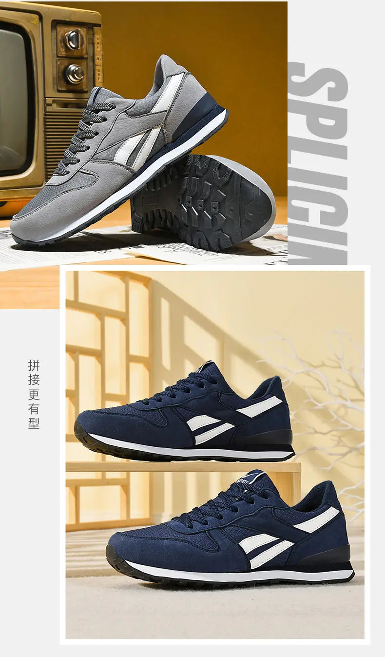 Herrenfreizeitsneaker in Grau und Weiß zum Gehen mit Obermaterial aus grauem und marineblauem Mesh und weißen Akzenten, mit Gummisohle.