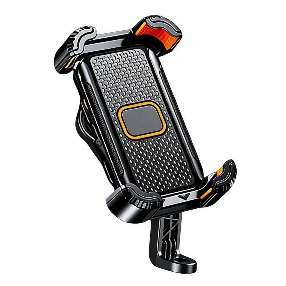 Schwarz- und orangefarbener stoßdämpfender Motorrad-Phonehalter mit strukturierter Griffoberfläche, ausgelegt für eine sichere Befestigung des Telefons.
