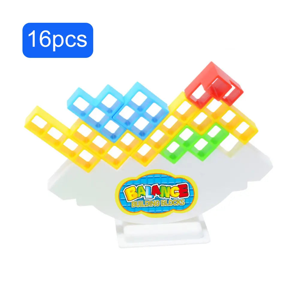 Colorful plastic building block balance tetra tower game set featuring vibrant balance building blocks on a white base.