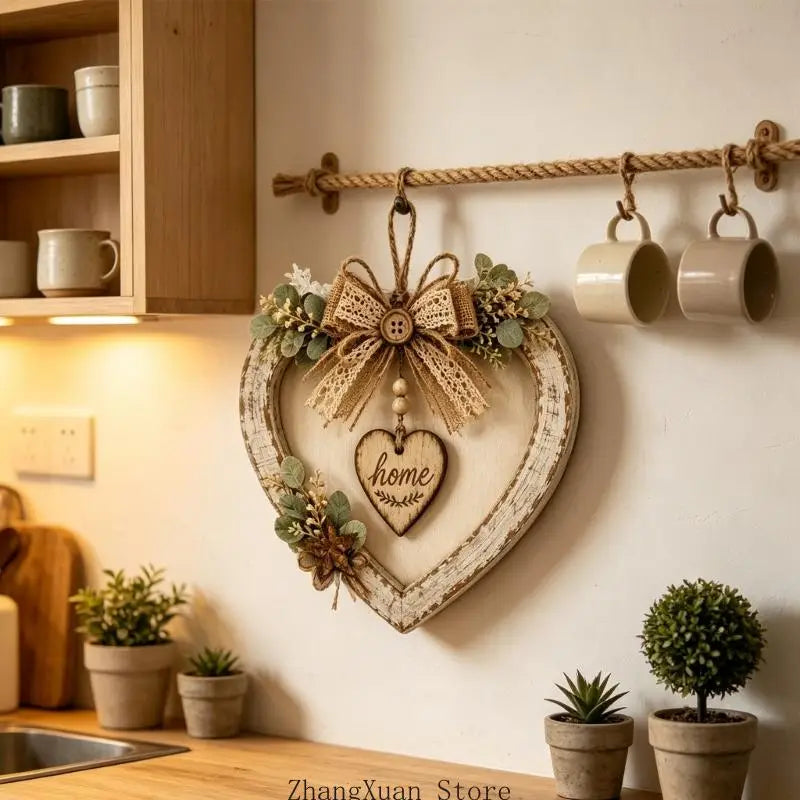 Plaque murale rustique en forme de cœur à DEL avec un cadre en bois blanc vieilli, ornée de verdure et d’un nœud en toile de jute avec un centre à bouton pour la décoration intérieure.