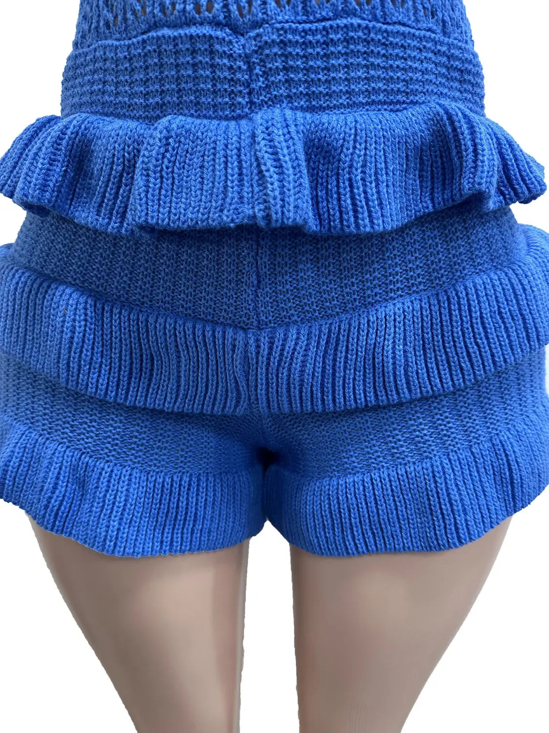 vibrant royal blue knitted shorts with a ribbed texture and ruffled tiered hem from the knitted ruffle halter romper summer playsuit collection.