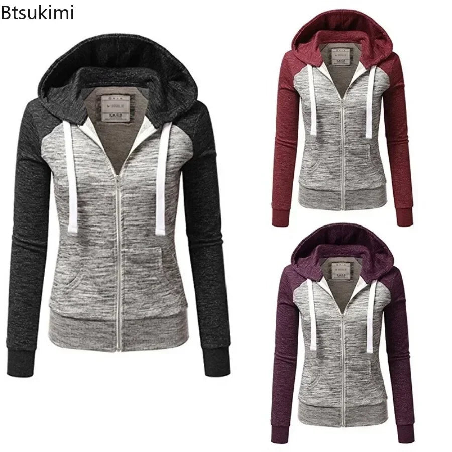 2026 Women's Long Sleeve Hoodies Fashion Splice Design Hooded Drawstring Sport Zip-up Coats Women Casual Color Block Sweatshirts