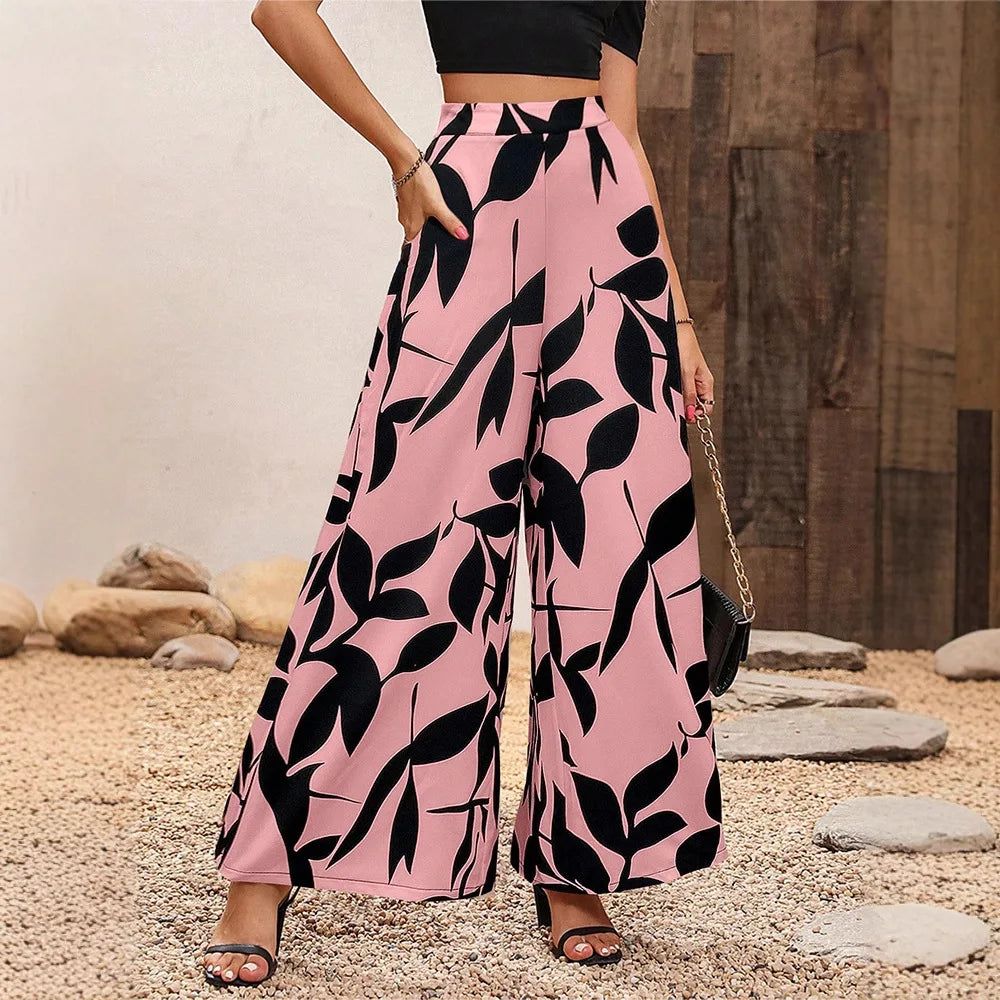 Women High Waist Wide Leg Pants Boho Floral Print Loose Summer Beach Vacation Resort Casual Palazzo Trousers