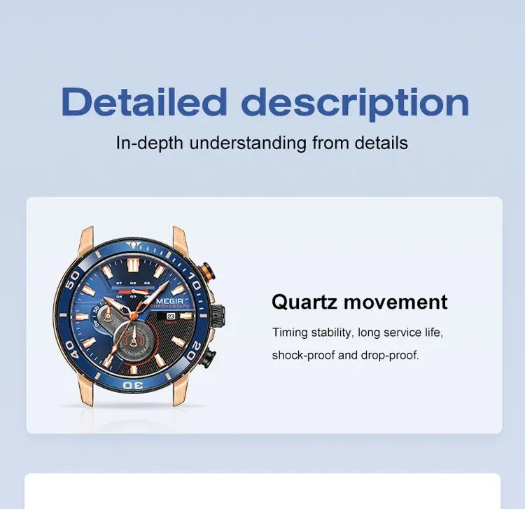 Megir men chronograph quartz sport watch with blue dial, rose gold-tone case and bezel, black textured inner ring, and three subdials.