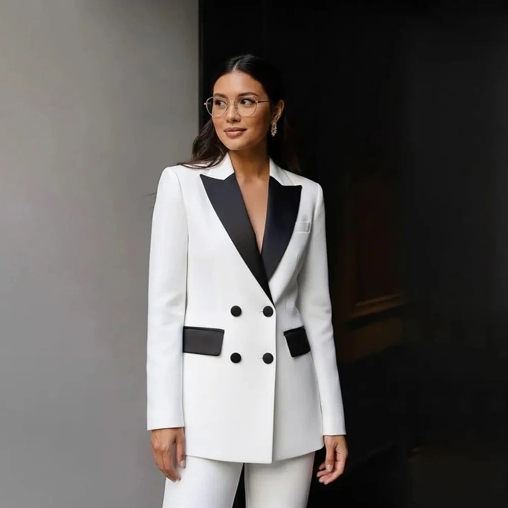 Formal Office Lady White Women's Suits 2 Piece High Quality Double Breasted Black Peak Lapel Blazer Office Work Outfits Costume
