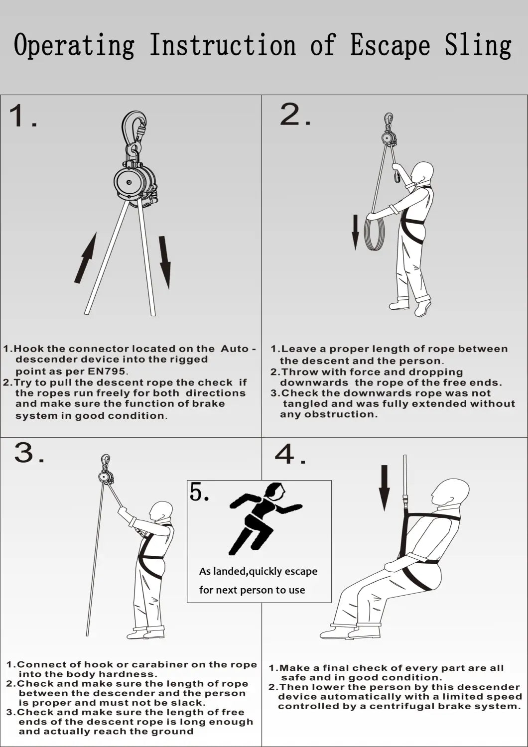 Black and silver auto rope descender emergency escape device featuring a sling with carabiner hook, pulley system, and adjustable rope for rappelling.