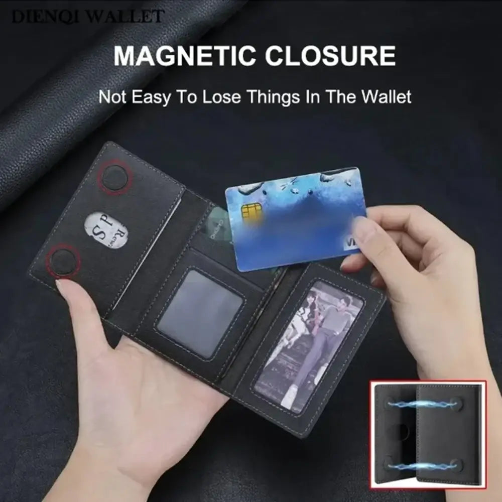Black leather magnetic trifold card wallet with multiple card slots shown from the front angle