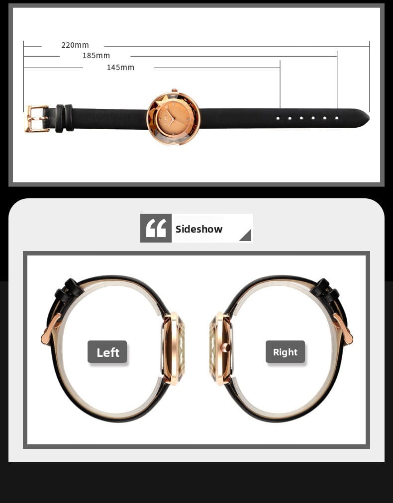 Black leather strap floral quartz watch with rose gold tone case and dial in a gift box.