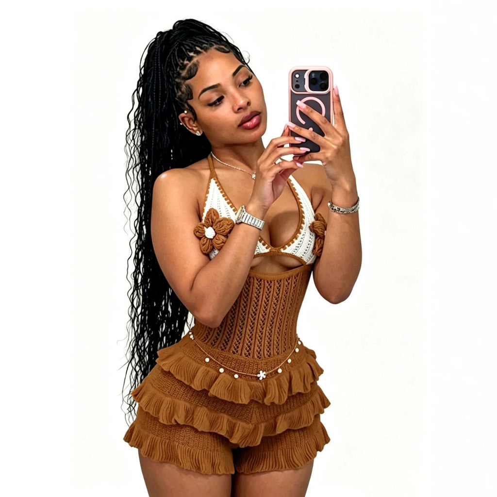 Women Rompers Knitted Jumpsuits Ruffle Hem Flower Hollow Out Halter Collar Mid Waist Mini Length Pants Slim Fit Sexy 2026 Summer