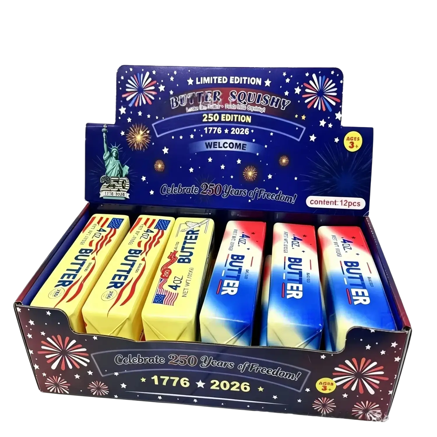 vista frontal de barras de caramelo Butterfinger azul y amarillo dispuestas en una caja de exhibición de edición limitada del 250.º aniversario para juguetes aliviadores de la ansiedad con forma de barra de mantequilla
