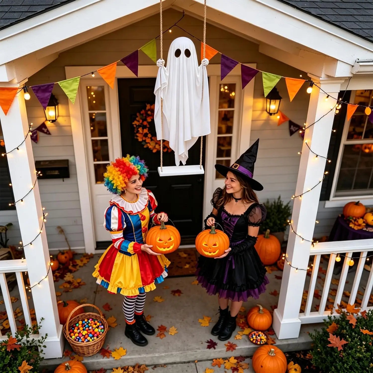 decoración de fantasma colgante oscilante iluminada y blanca, colgada de un columpio de porche para decoración exterior de Halloween