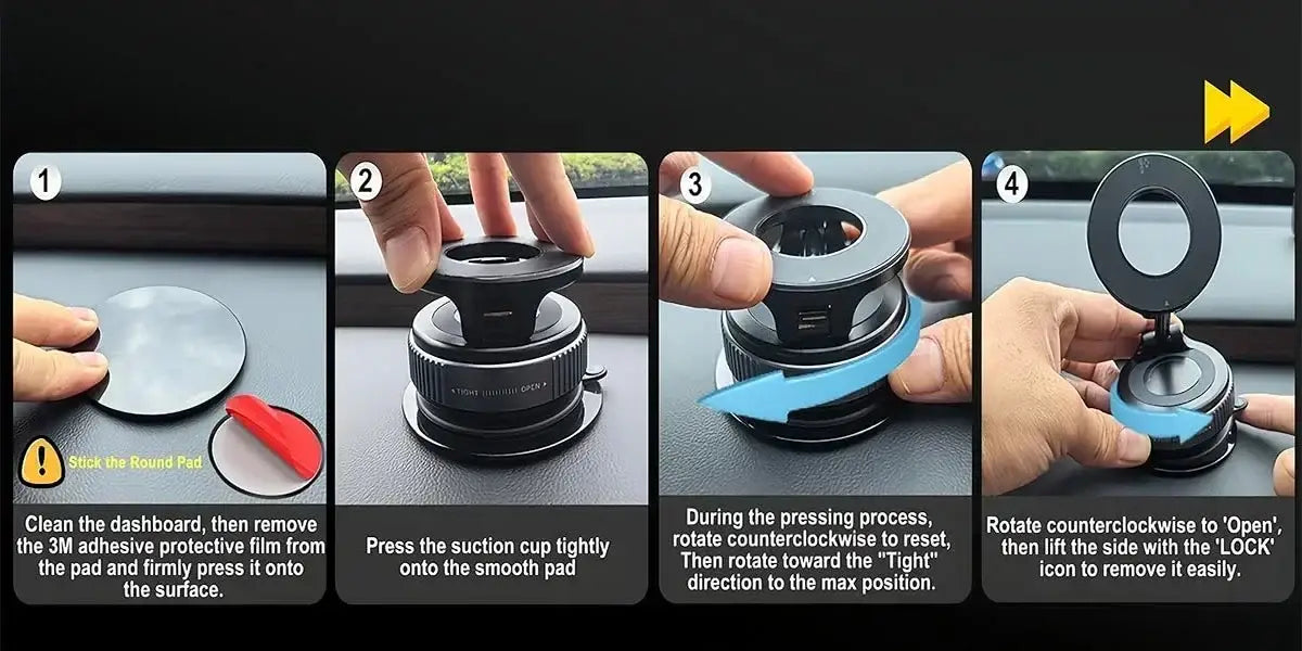 Support de téléphone magnétique circulaire noir avec base à ventouse et anneau réglable pour fixer le téléphone mobile sur des surfaces lisses.