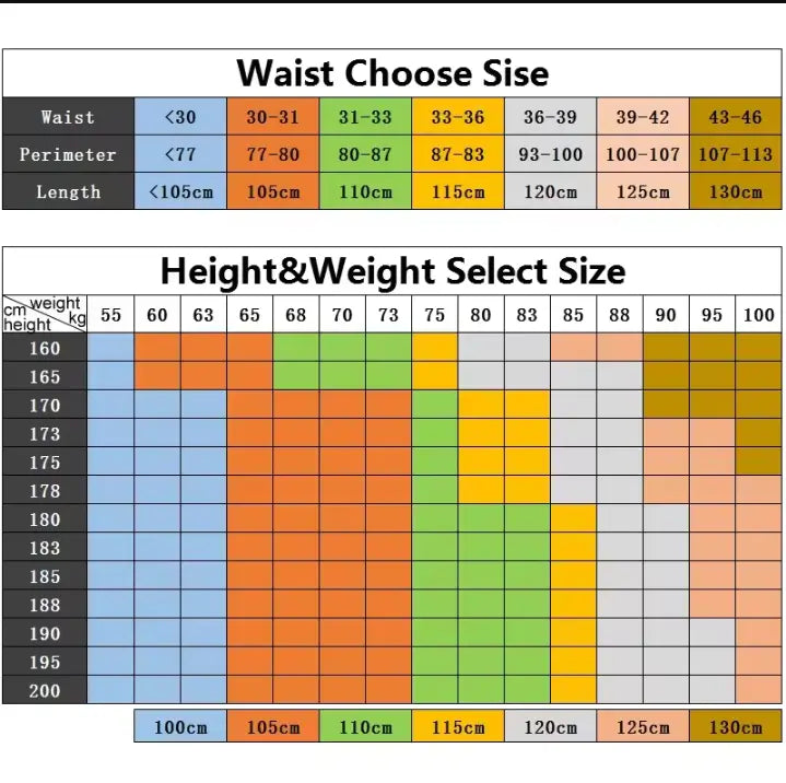 Size selection chart for ratchet leather belt for men with adjustable automatic buckle showing waist and height weight combinations in color-coded grids.