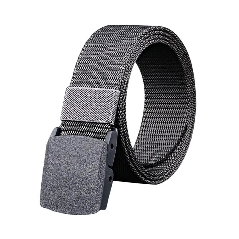 mens tactical canvas belt in gray with lightweight tactical webbing and a matte-finish plastic automatic buckle