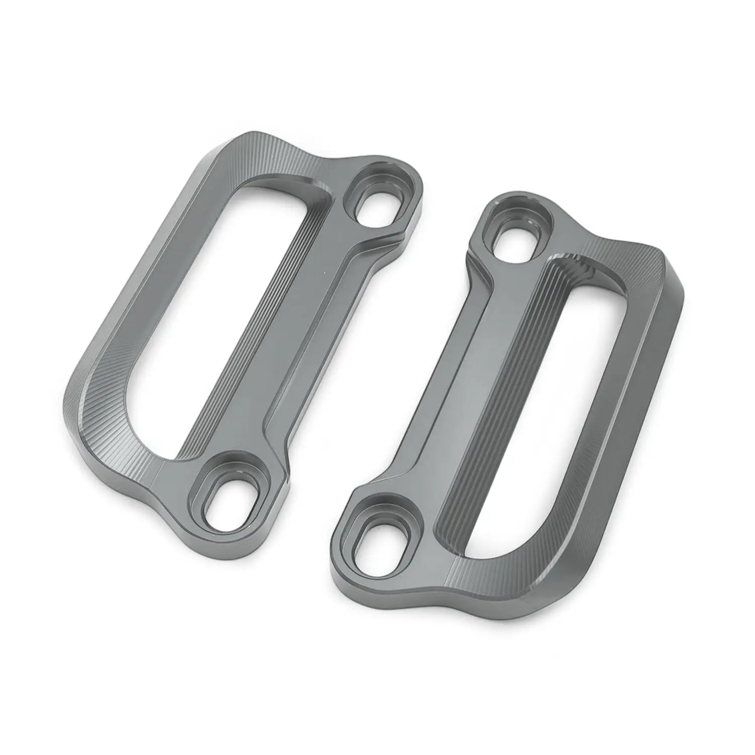 Graue Aluminium-CNC-Gepäckträgergriff-Griffendkappen für Cfmoto 675srr mit gebürsteter Oberfläche und strukturierter Griff-Noppenstruktur, dargestellt von der Rückseite.