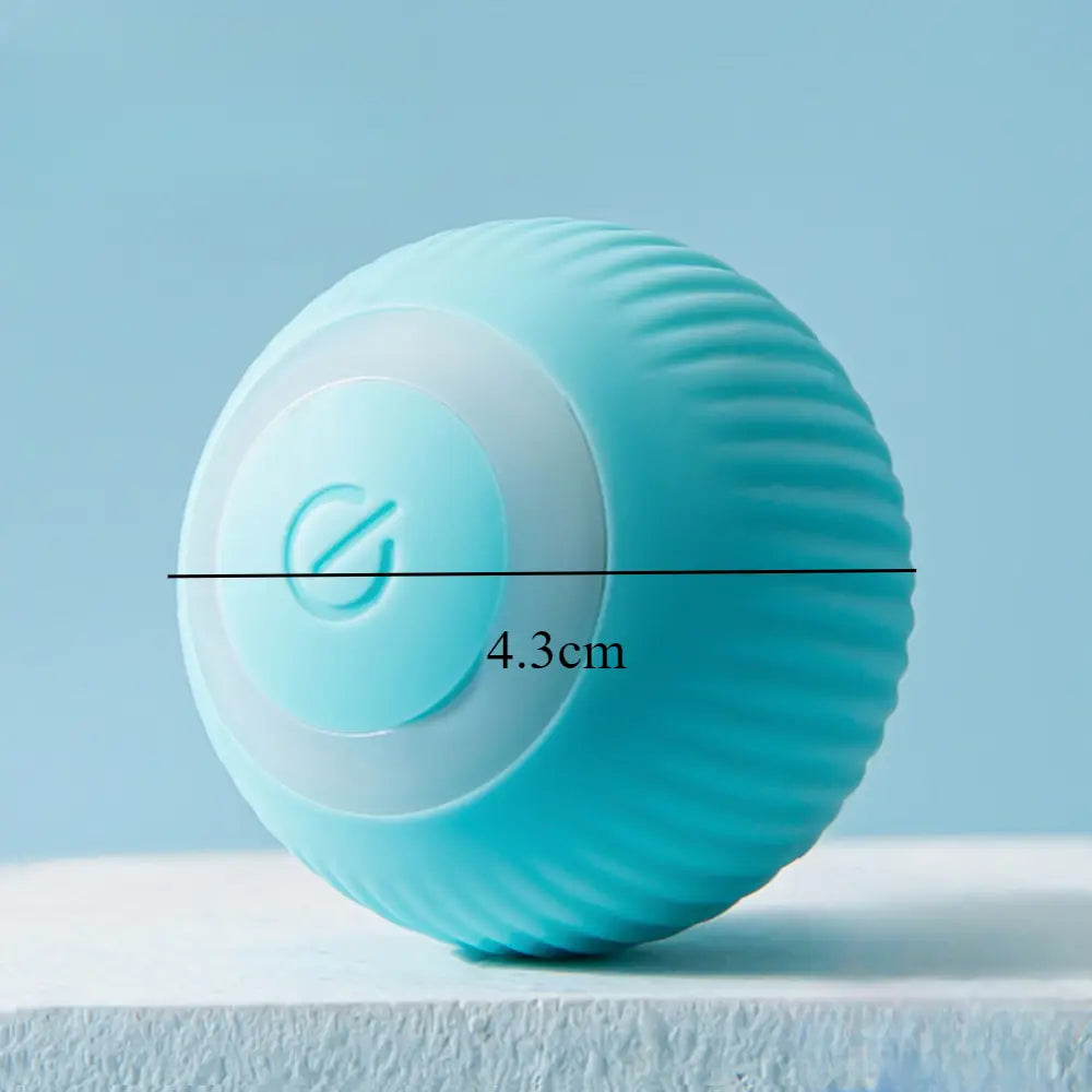 automatic interactive smart cat ball toy made of teal and white silicone with a ribbed texture and an embossed logo on its flat surface.
