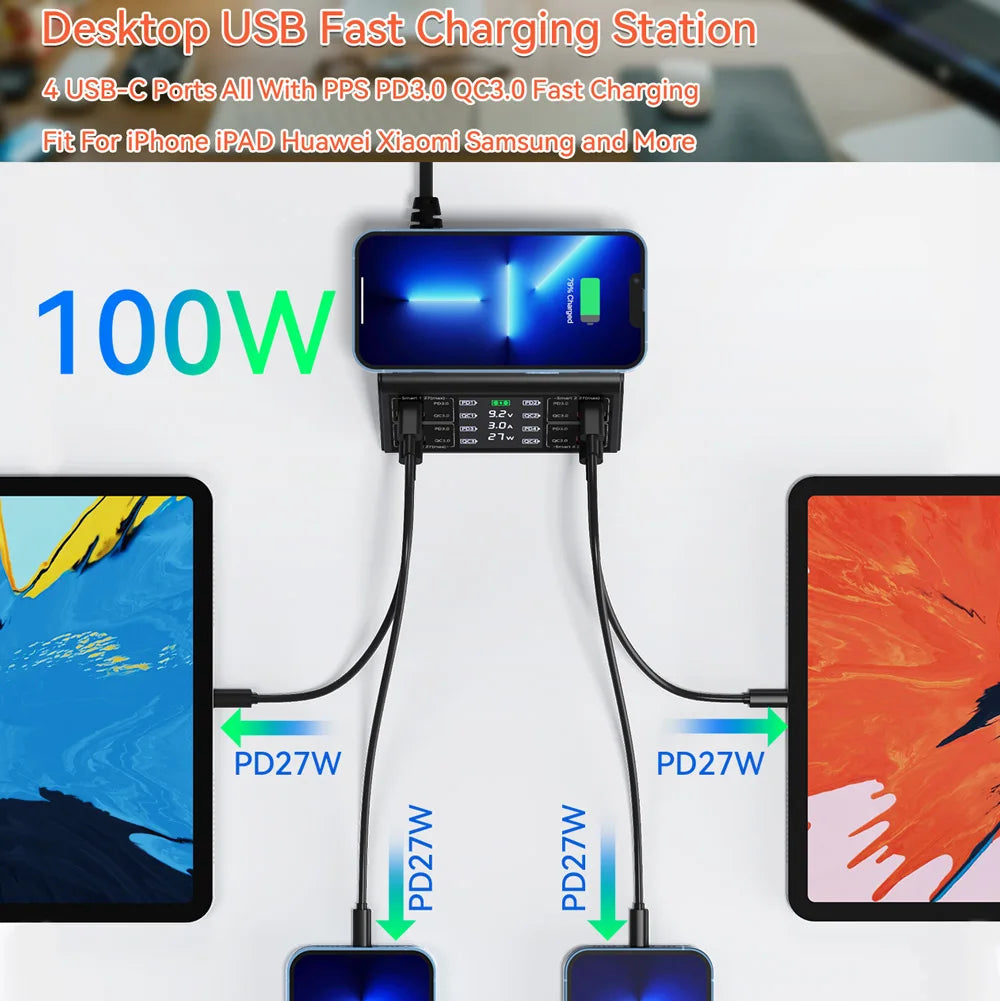 100W QC PD3.0 USB Charger Wireless Chargers Quick Charge 8 Port Charger Fast Charger Charging Station  For IPhone 12 13 Xiaomi