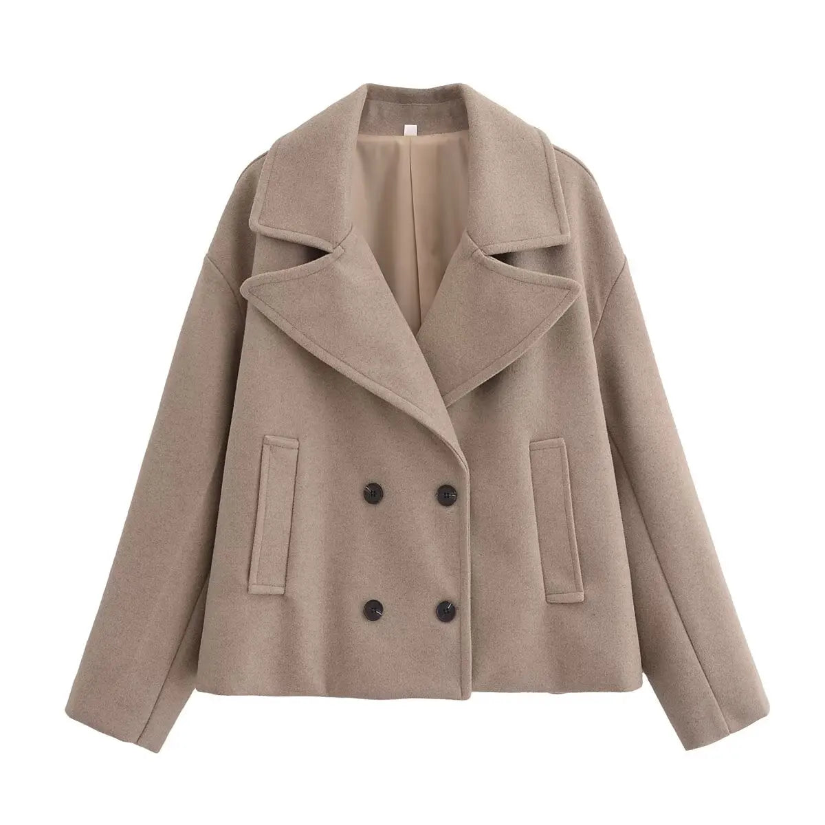 HH Women Winter Fashion Versatile Lapel Double Breasted Wool Short Coat Female Pocket Decoration Solid Long Sleeve Casual Jacket
