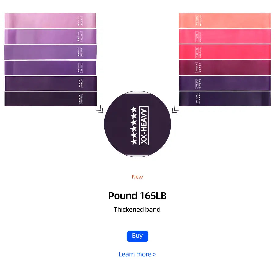 Xx-heavy brand 165lb thickened purple and pink gradient resistance band set designed for home fitness.