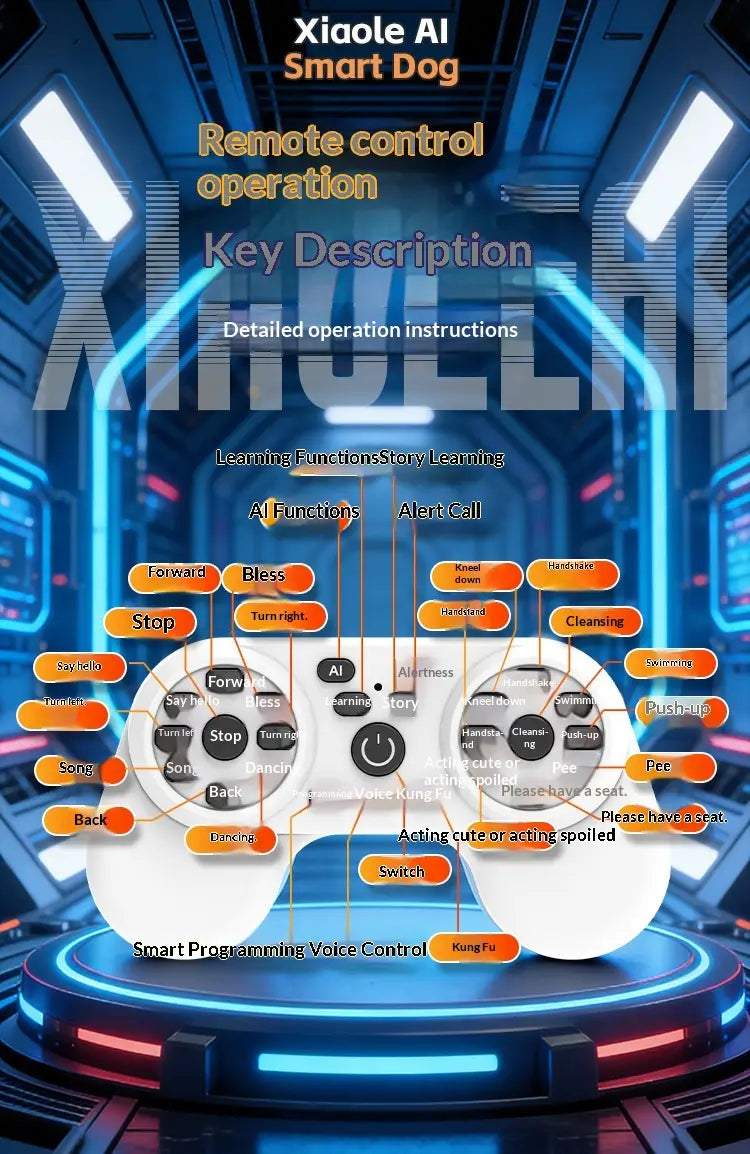 white gaming controller with orange buttons and black center button designed like a joystick for Ai smart robot dog interactive electronic pet.