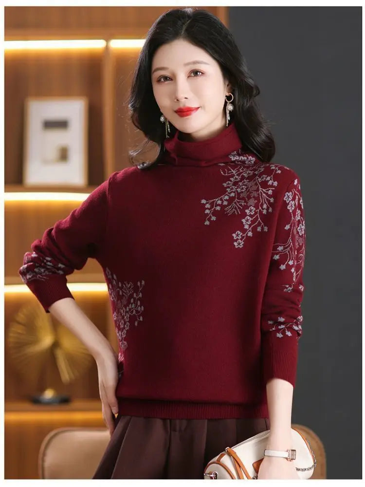 Winter Clothes Woman Vintage Print Woolen Shirt Spring Autumn Turtleneck Warm Knitwear Jumper Turtleneck Pull Women's Sweater