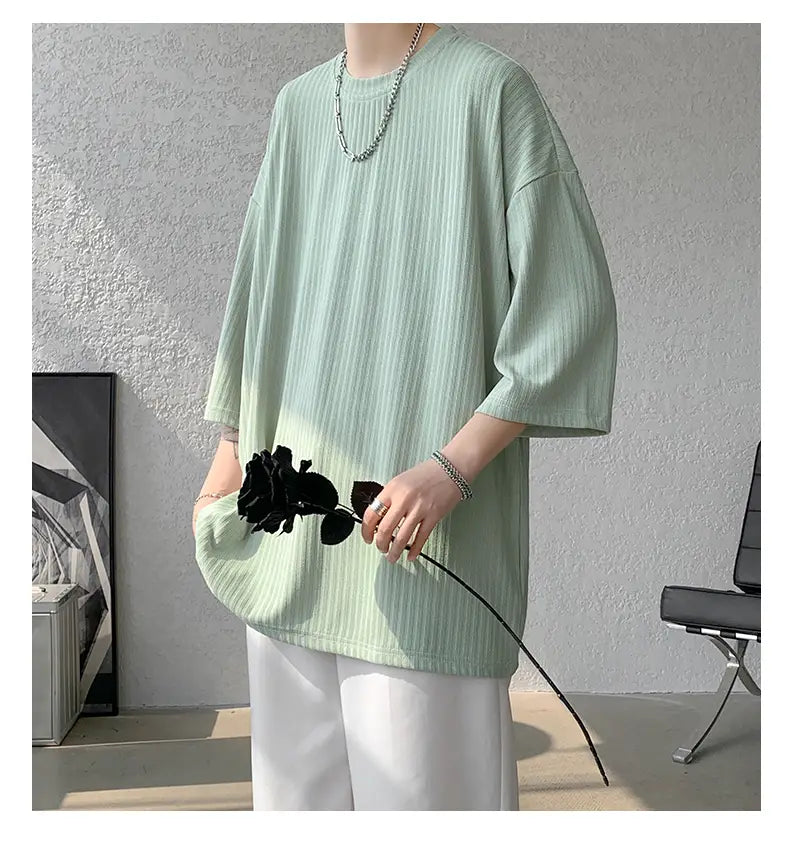 Men striped oversized summer t-shirt in light green ribbed knit with short sleeves for casual wear