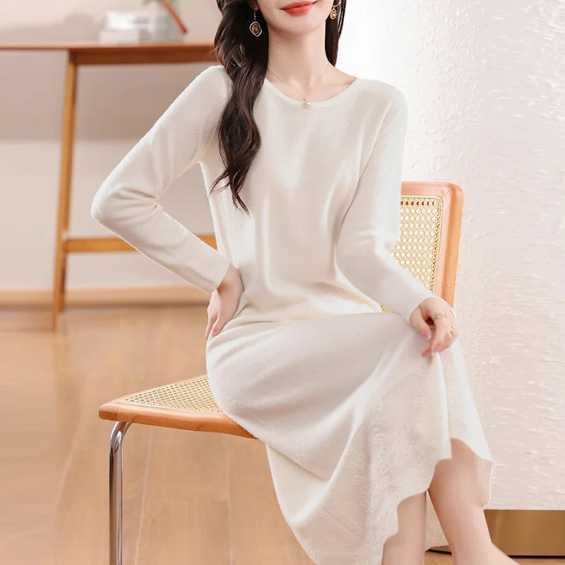 100% Pure Wool Women's Long Dress Winter Loose Round Neck Pullover Sweater Skirt Knit Bottoming Dress