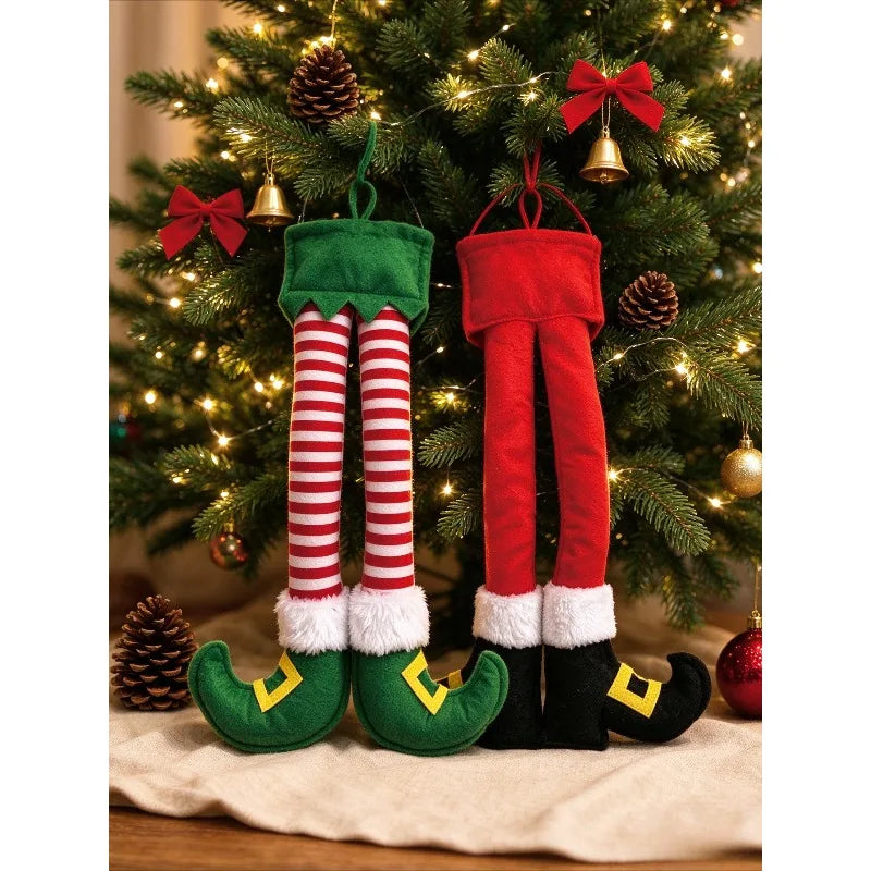 New Christmas Door Decoration With Bow Christmas Tree Santa Claus And Elf Leg Ornament Holiday Home Scene Decor