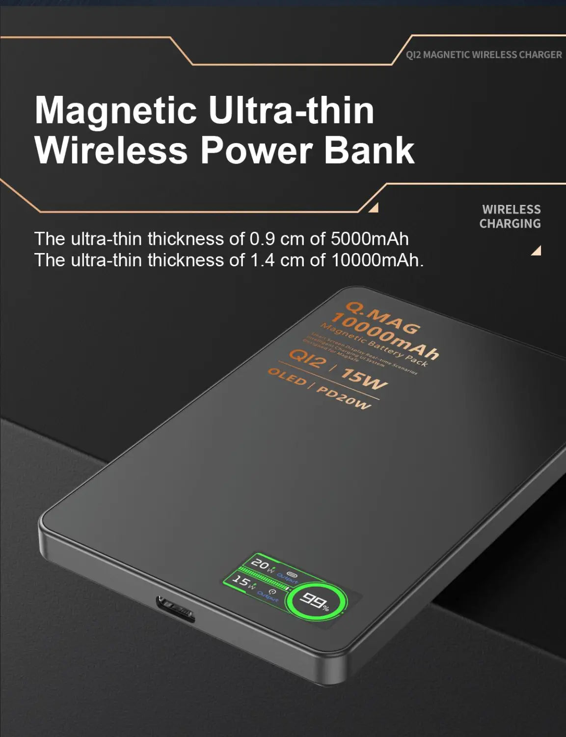 Schwarze Q.Mag 10000mAh magnetische, ultradünne Wireless-Powerbank mit OLED-Anzeige und PD20W-Ladefähigkeit, dargestellt in der Rückseitenansicht der Qi2-Magnet-Wireless-Powerbank 10000mAh.